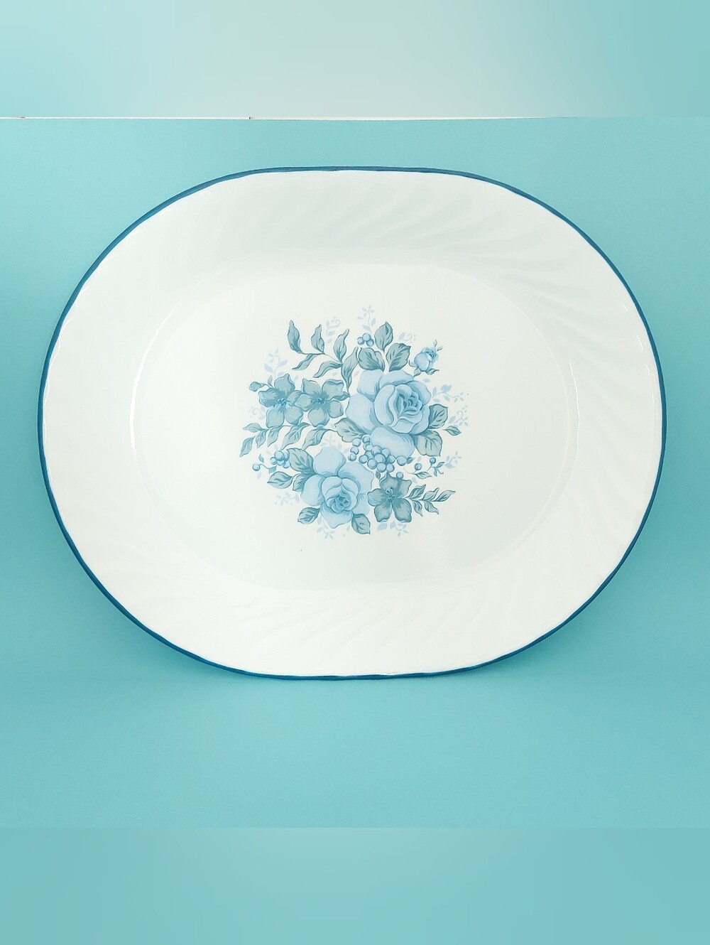 Vintage Corelle Blue Velvet 12” Oval Serving Platter Rose Flower Corning